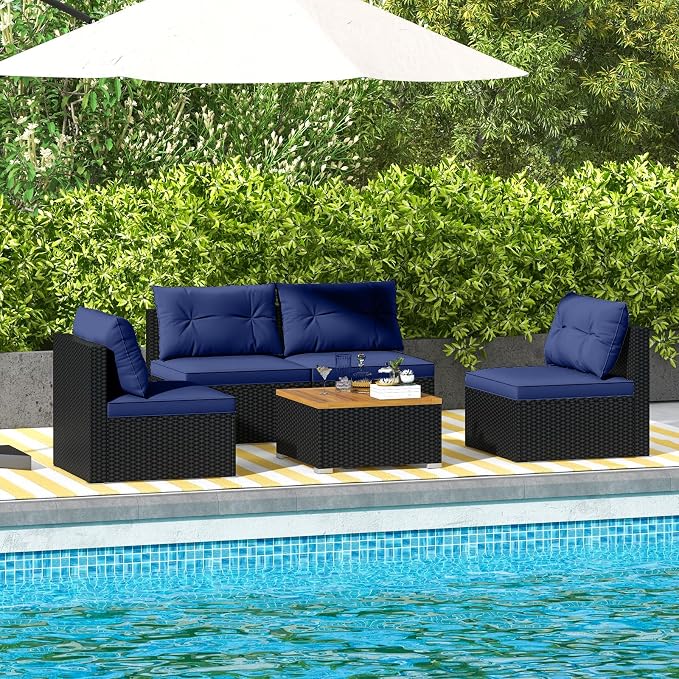 Tangkula 5 Pieces Wicker Patio Furniture Set, Outdoor 4 Armless Rattan Sofa & Coffee Table Set, with Cushions, Acacia Wood Tabletop, Sectional Patio Conversation Set for Lawn, Yard, Poolside, Navy