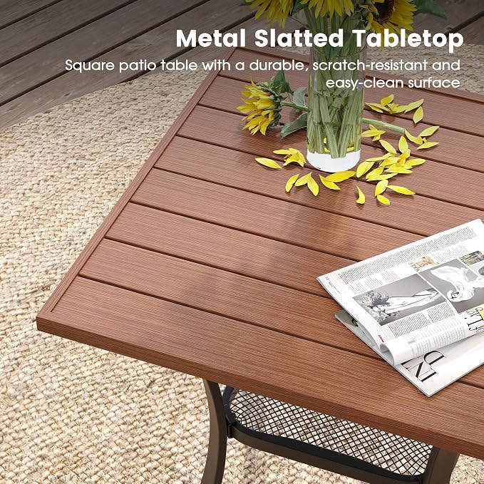 DIFY 27.6" Small Square Outdoor Dining Table for 2, Slatted Metal Patio Table with Storage Shelf, All-Weather Patio Dining Table for Garden Backyard Deck, Walnut Tabletop