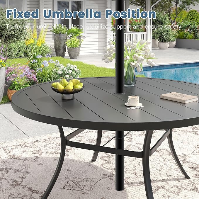 DIFY 63" Round Outdoor Patio Dining Table for 8-10, Metal Patio Table with 1.57" Adjustable Umbrella Hole, All-Weather Outdoor Furniture Table for Garden Backyard Deck, Black