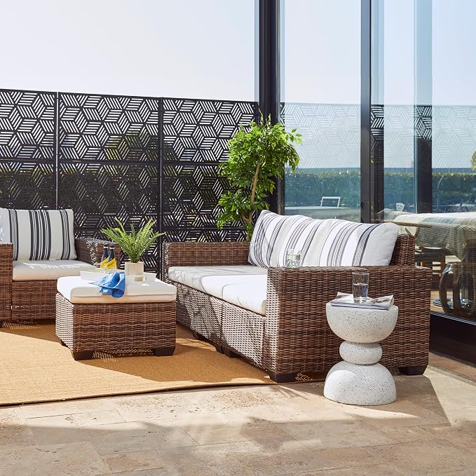 Glitzhome Outdoor Side Table, Round Small End Table with White Terrazzo Finish MGO Garden Stool, Set of 2 Lightweight Decorative Accent Table for Living Room Planter Stand Patio Backyard Pool Porch