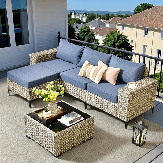 Outdoor Sectional Patio Furniture Set,5 Pieces Wicker Conversation Sets L Shaped Couch,Extra Deep Out Door Sofa Outside Furniture,Blue