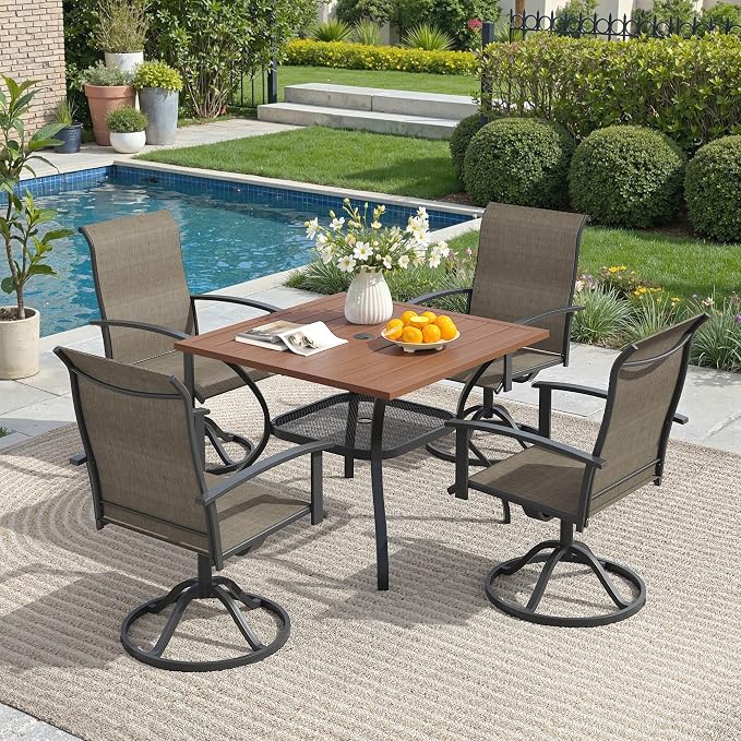 5 Pieces Outdoor Patio Dining Set, 37.8" All Weather Square Metal Table with Umbrella Hole and Storage Shelf, 4 High Back Textilene Swivel Chairs for Garden, Lawn, Walnut Table & Brown Chairs