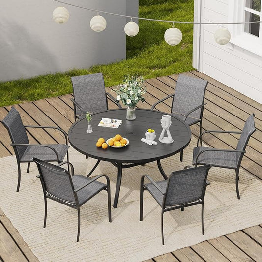 VICLLAX Round Outdoor Dining Set, Patio Table and Chairs Set Set of 6 Patio Stackable Chairs and 47" Outdoor Round Table with Umbrella Hole for Backyard Lawn Garden, Dark Grey Chairs and Black Table