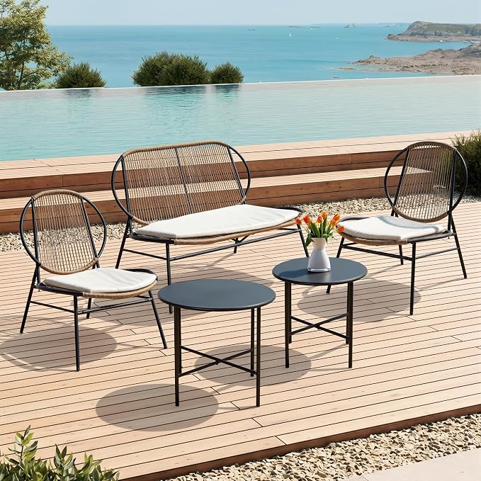 5-Piece Outdoor Patio Furniture Set, Wicker Sofa and Chairs with Cushions, PE Rattan All-Weather Conversation Set with Coffee Table for Backyard, Patio, Poolside, Garden, Deck Natural Wood