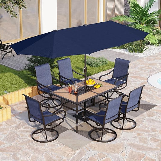 PHI VILLA 8 Pc Outdoor Dining Set with 13ft Umbrella, Swivel Mesh Chairs | 60'' wood-look rectangular table, 6 blue patio textilene chairs and 13ft navy blue umbrella(NO BASE) for deck, garden, yard