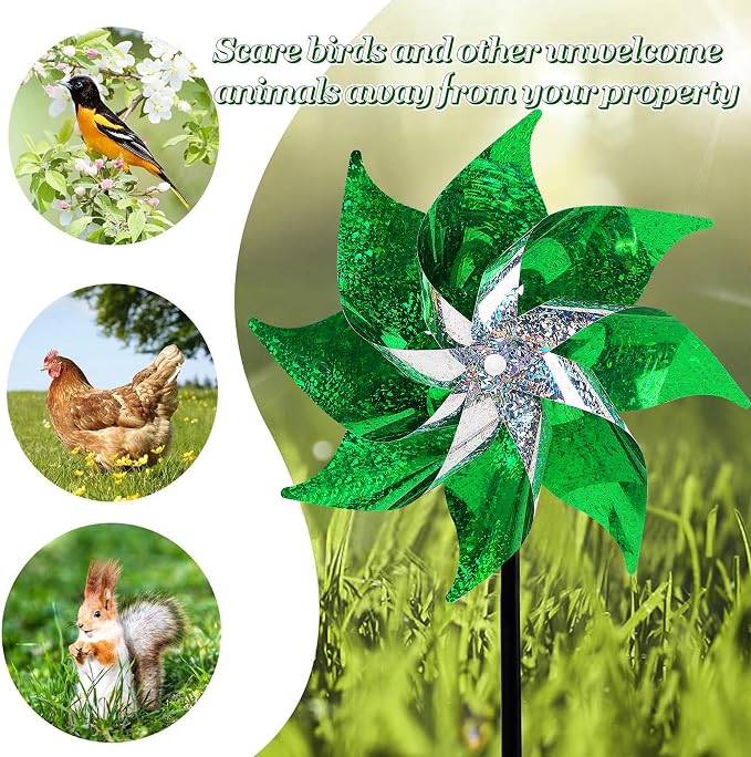 Hausse 10 Pack Reflective Pinwheels Holiday Decor (Assembly Required), Sparkly Wind Sculptures for St. Patrick's Day Decorations Party Supplies, Scare Birds Away from Garden Yard Patio Farm, Green