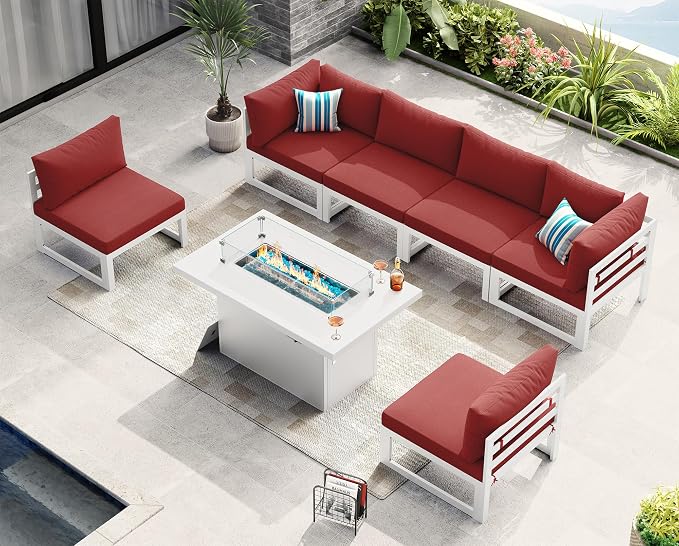 NICESOUL 7 Pcs Modern Aluminum Outdoor Patio Furniture Set with Fire Pit Table Propane/Gas, Extra Large All-Weather Modular Sectional Couch, 29" Wide Deep Seating Conversation Sofa for Outside, Red