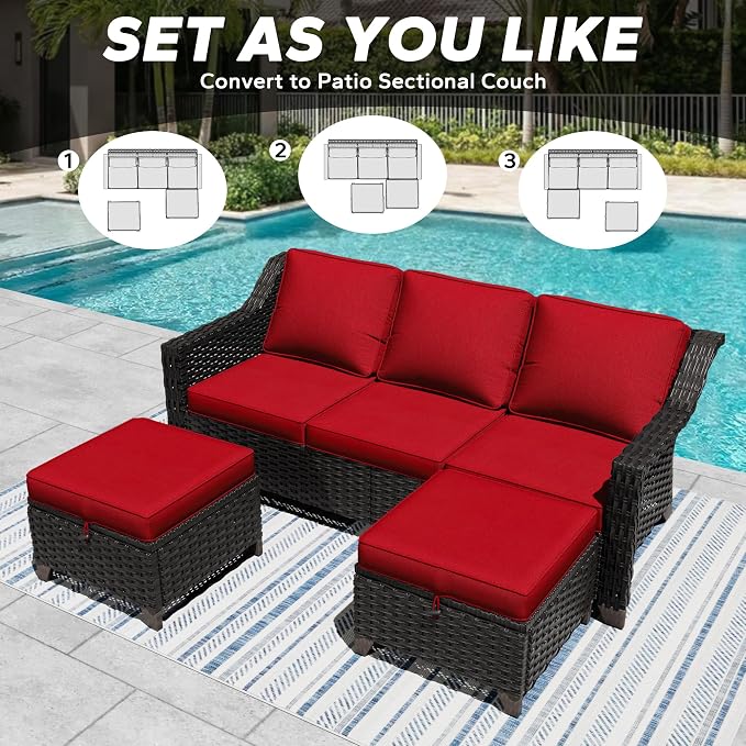 3 Pieces Outdoor Conversation Furniture Set - 77" Patio Sofa, 2 Rattan Wicker Ottomans, Patio Wicker Couch Set with Water-Resistant and Washable Cushions for Sunroom, Deck, Porch (Red)