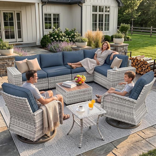 9-Piece Outdoor Patio Furniture Set with Rocking Swivel Chair Wicker Sectional Sofa Set, Patio Conversation Set with Thickened Cushions & Coffee Table for Garden, Backyard, Navy Blue
