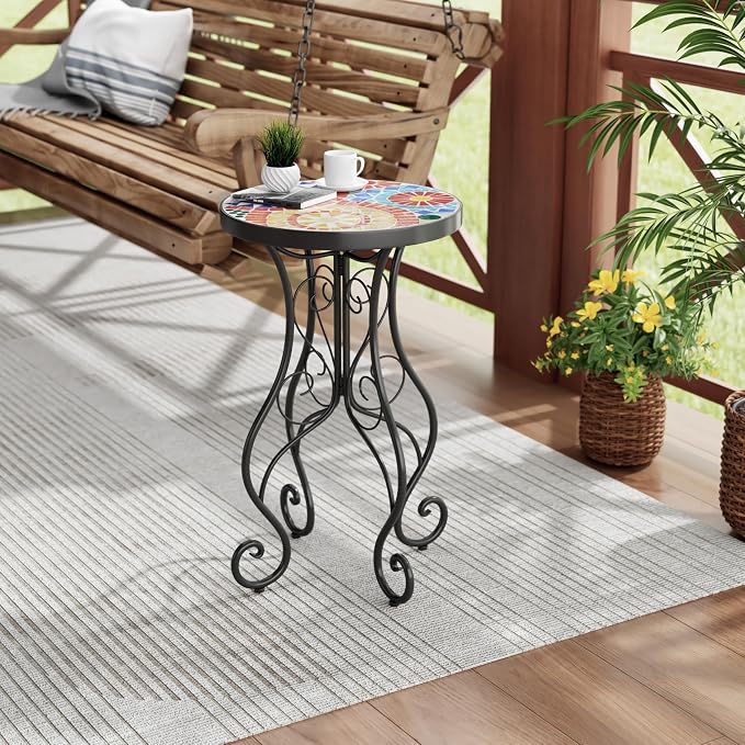 Christopher Knight Home Glady Outdoor Round Side Table, Patio End Table with Ceramic Top and Metal Frame, Small Decorative Accent Table for Patio Garden Porch Balcony, Colorful Gears