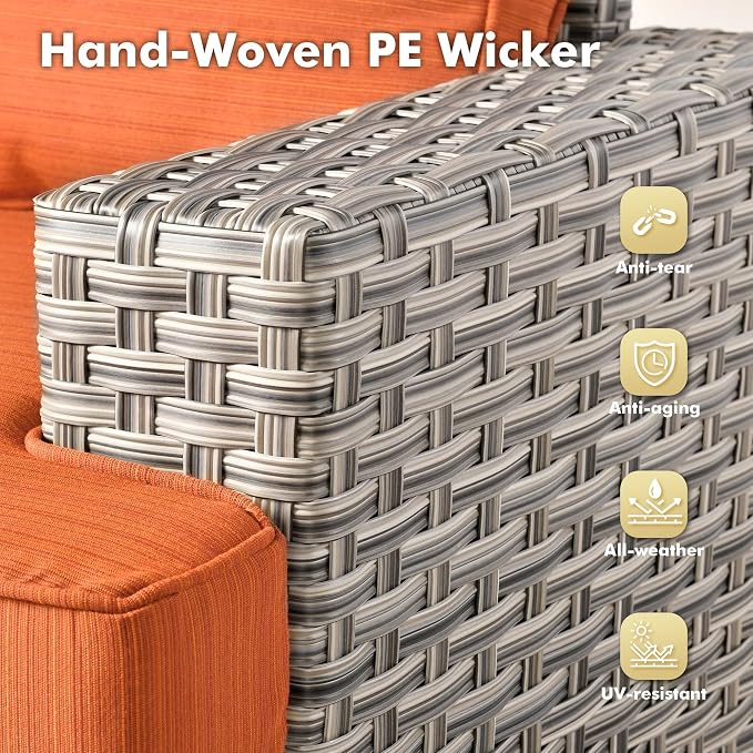 Weaxty 8 Pieces Outdoor Furniture Set, Patio Sectional Sofa Wide Seats Couch Chair with Ottoman Solar Table, Thick Cushion All-Weather Rattan Patio Conversation Sets for Backyard Porch Deck, Orange