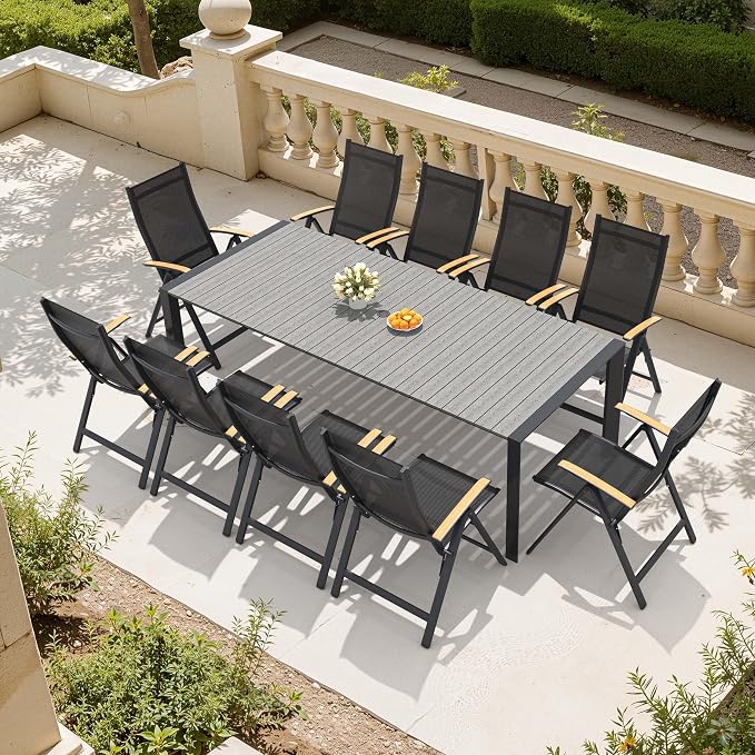 11-Piece Patio Dining Set, 95in Aluminum Outdoor Table with 10 Chairs | Adjustable Reclining Back& WPC Tabletop with Umbrella Hole for Garden Backyard Porch, Grey