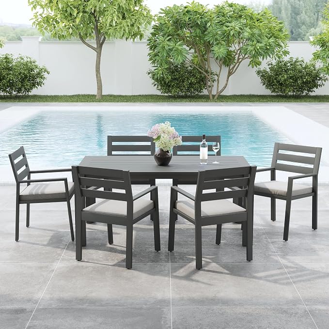 Homestyles Grayton Outdoor Rectangular Dining Table with Slatted Top, Made with a Recycled Aluminum Frame, Seats Upto 6