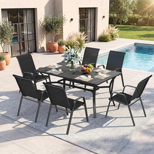 Outdoor Dining Set for 6, Patio Metal Table and Chairs Set with 1.97'' Umbrella Hole, 7pcs Patio Furniture Set 63”x37.8” Dining Table Set with Stackable Chairs for Backyard Pool Deck