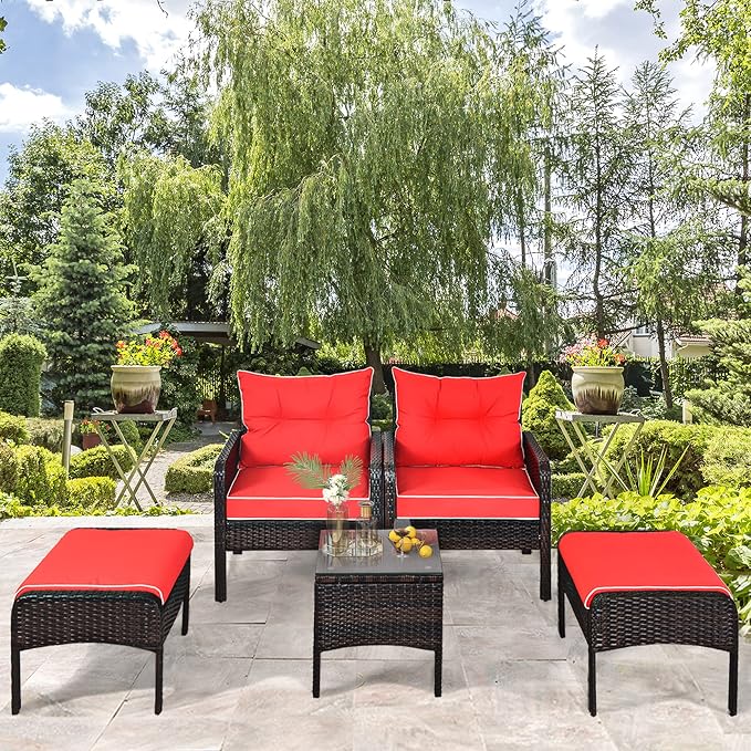 DORTALA 5 Pieces Patio Furniture Set, Outdoor Rattan Conversation Set with Cushions, Glass Table, Ottomans & Chairs, Wicker Sofa Set Backyard Porch Garden Balcony, Red