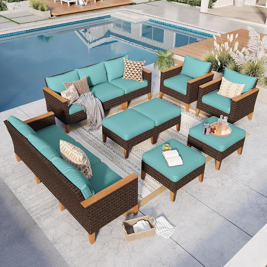GREEN PARTY 12 Pieces Wicker Patio Furniture Set, All-Weather Outdoor Rattan Patio Sectional Sofa Conversation Set with 4" Thick Cushions for Garden, Backyard, 2 x Ottomans (Blue)