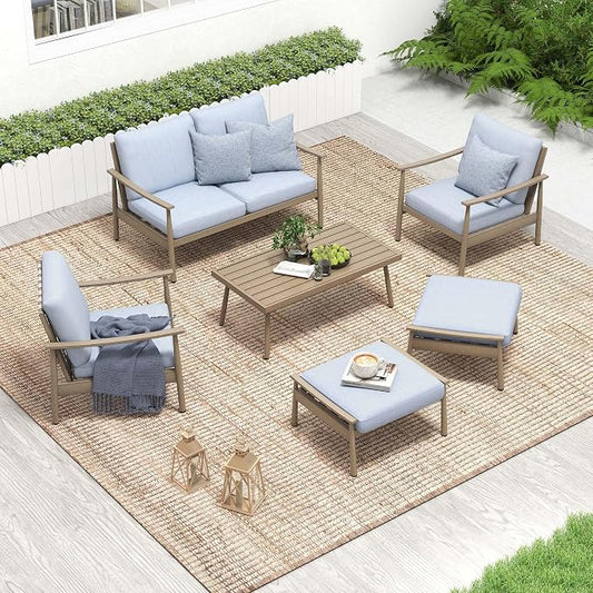 HAPPATIO Patio Outdoor Furniture Set - 6 Pieces Aluminum Outdoor Conversation Set with 1 Cushioned Loveseat, 2 Armchairs, 1 Coffee Table, and 2 Ottomans for Yard, Porch, and Deck (Brown)