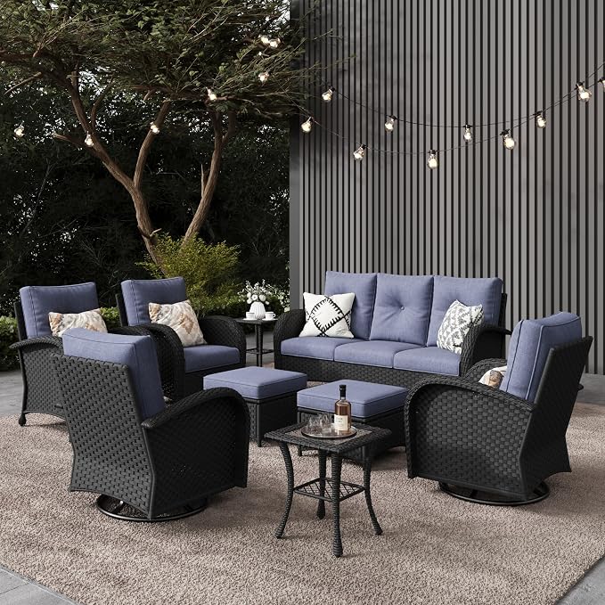 LayinSun 9 Pieces Outdoor Patio Furniture Set, Rattan Wicker Sectional Swivel Rocker Chairs Sets