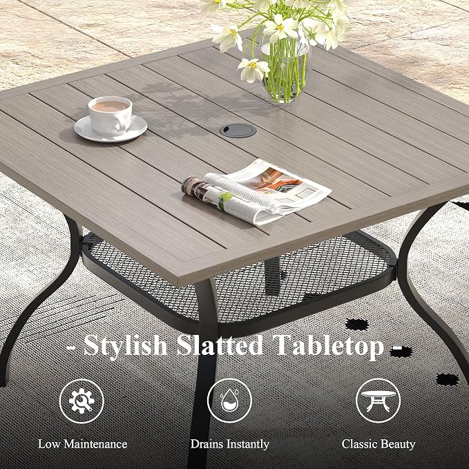 Outdoor Dining Table with Adjustable Umbrella Hole, 37.8" All-Weather Square Patio Dining Table for 4, Metal Patio Table for Garden Lawn Porch Deck Yard, Grey