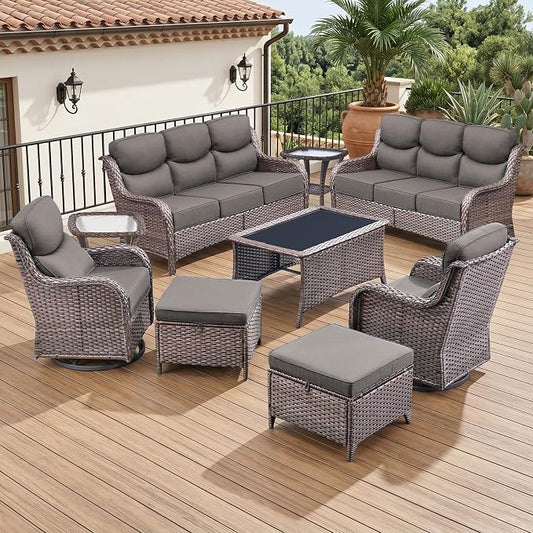 Luxury 6" Thick Cushion 9 Pieces Wicker Patio Furniture Set with 41”Fire Table, Outdoor Conversation Set with Patio Couch and Swivel Rocker Chairs for Deck Porch Yard and Poolside