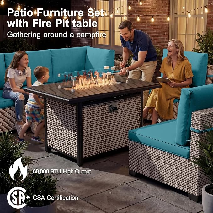Patio Furniture Set, 10-Piece Outdoor Sectional Sofa with 60,000 BTU Fire Pit Table & Ottomans, Wicker Patio Conversation Set with Coffee Table, Cyan Cushions