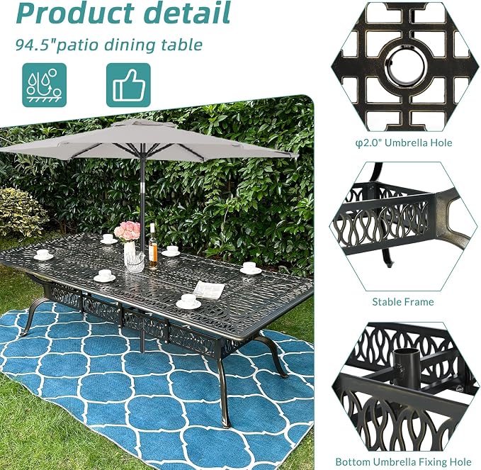 MEETWARM 9-Piece Outdoor Patio Dining Set, All Weather Cast Aluminum Patio Funiture Table and Chairs Set- 94.5” Rectangular Table and 2 Swivel Rocker Chairs, 6 Stationary, Umbrella Hole, Chili Red