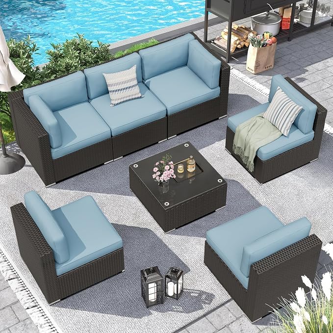 7 Pieces Outdoor Patio Furniture Set, Black Brown Wicker Patio Sectional Sofa Set, Outdoor Couch with Cushion and Tempered Glass Table, Sky Blue