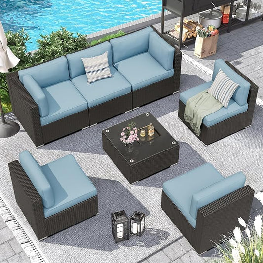 7 Pieces Outdoor Patio Furniture Set, Black Brown Wicker Patio Sectional Sofa Set, Outdoor Couch with Cushion and Tempered Glass Table, Sky Blue