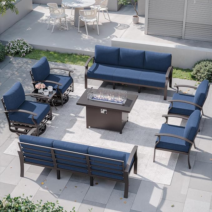 Kurapika Aluminum Patio Furniture Set 10-Seat Modern Metal Outdoor Conversation Sets w/45in Propane Fire Pit Table, Swivel Rocking Chairs Patio Sectional Sofa w/5.1 Inch Cushion, Navy Blue