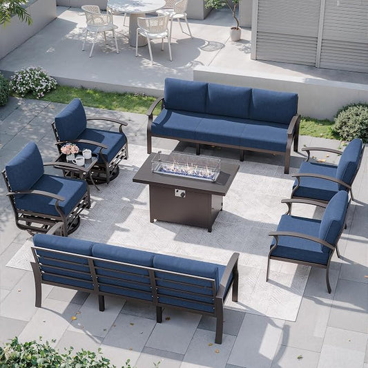 Kurapika Aluminum Patio Furniture Set 10-Seat Modern Metal Outdoor Conversation Sets w/45in Propane Fire Pit Table, Swivel Rocking Chairs Patio Sectional Sofa w/5.1 Inch Cushion, Navy Blue