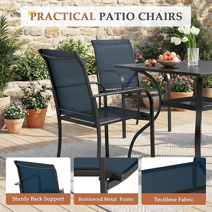 Crownland 5 Piece Patio Dining Set, Outdoor Textilene Dining Sets, 4 Textilene Metal Chairs and Square Outdoor Dining Table with Khaki 9FT Round Outdoor Umbrella (Blue)