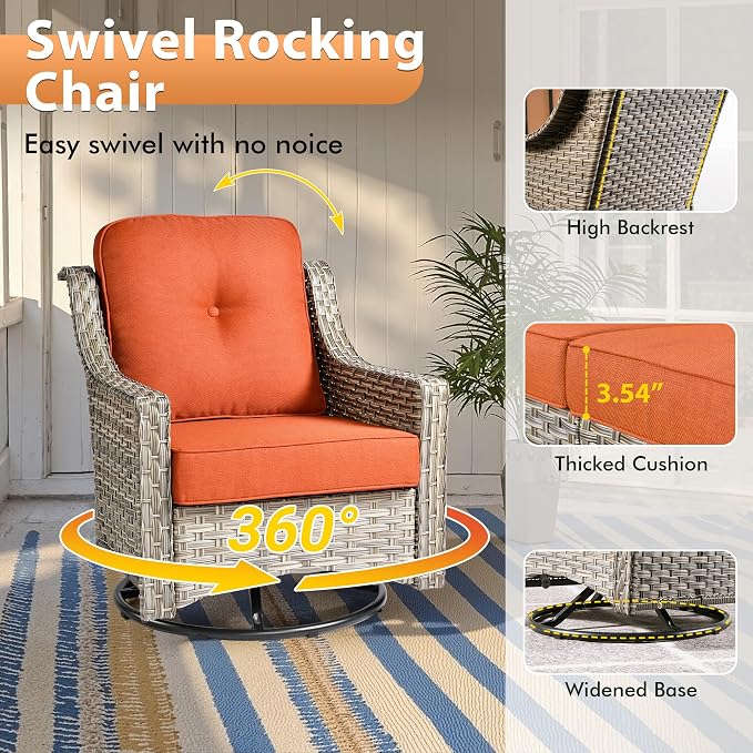 6 PCS Outdoor Patio Furniture Sets,Patio Conversation Sets Outside Rattan Soft Cushion Sofa with 2 Wicker Rocking Chairs & 54 in Fire Pit Table Fit Backyard Porch Garden Poolside Balcony,Orange Red