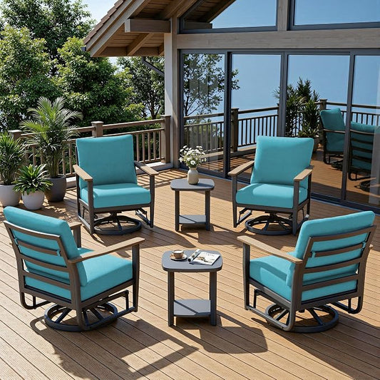 6-Piece Patio Rocking Swivel Chair Outdoor Aluminum Bistro Set with Coffee Table, Outdoor Patio Furniture Set with High Backrest & Thickened Cushions for Garden, Deck and Balcony, Turquoise