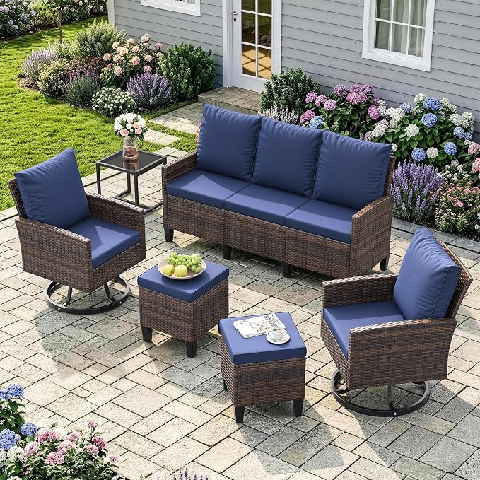Amopatio Outdoor Patio Furniture Set, 6 Pieces Conversation Sofa with 360° Swivel Chairs, All Weather Wicker Outdoor Furniture for Backyard Garden Pool Deck,Blue