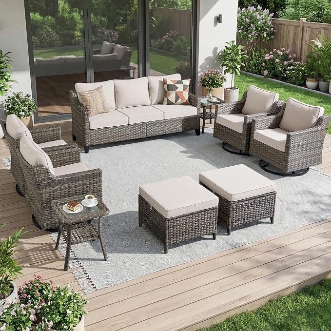 Luxury Patio Furniture sofa Set - 9 Pieces All Weather Wicker Outdoor Couch and High Back Swivel Rocker Patio Chairs with Side table&footstools for Deck Yard and Poolside Gray Wicker | Beige Cushions