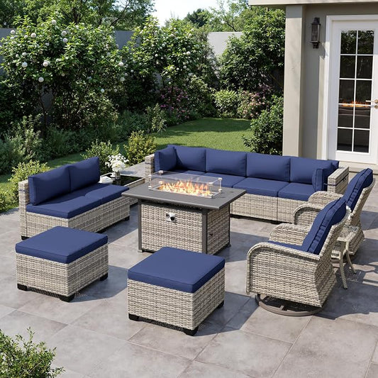 Outdoor Patio Furniture Set with Rocking Swivel Chair, 13-Piece Wicker Rattan Sectional Sofa Conversation Set with 55,000 BTU Fire Pit Table with Ottomans, Backyard Furniture, Navy Blue