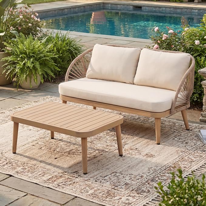 Christopher Knight Home Blanca 2 Pieces Conversation Set, Boho Patio Loveseat Sofa and Coffee Table, Acacia Wood Outdoor Loveseat and Table Set, Rope Woven Curved Loveseat with Cushions, Teak+Beige