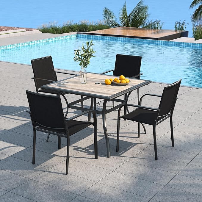 Outdoor 37" PVC Square Patio Table and Black Stackable Chairs 5 Piece | Stackable Chairs, Square Table, Table and Chair with Metal Frame, Pvc Table Top, All Weather, Textilene fabric Seat and Back