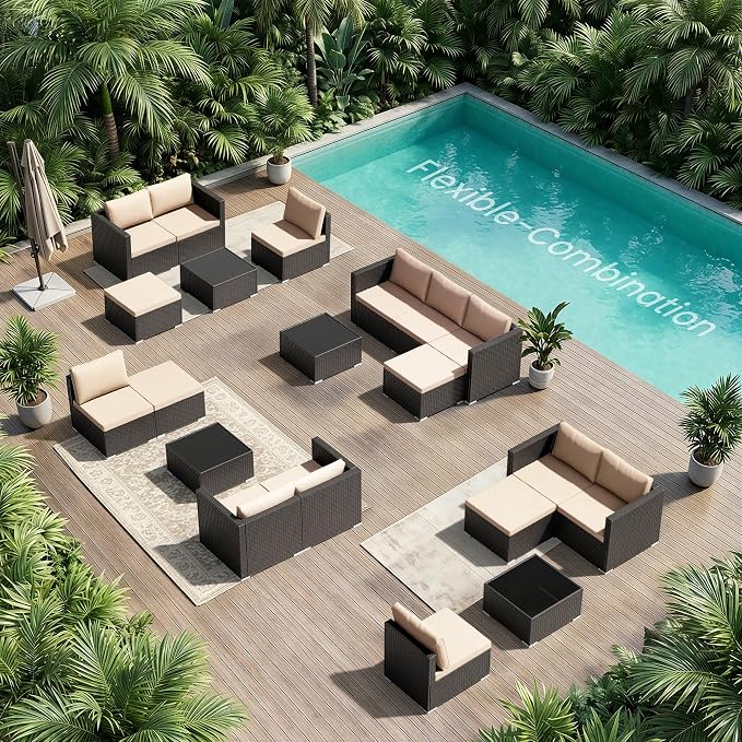 Patio Furniture Set - All-Weather -5 Piece Outdoor Patio Conversation Couch Sets, Modular Wicker Rattan Sectional Sofa for Garden, Patio, Poolside, Backyard, Balcony, Porch,Khaki