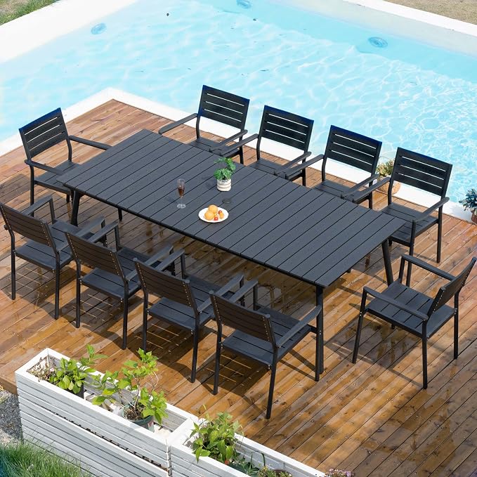 95" Patio Outdoor Dining Table for 8-10, Weather-Resistant Wood-Grain Top with Aluminum Frame & Umbrella Hole for Deck Gatherings, Black