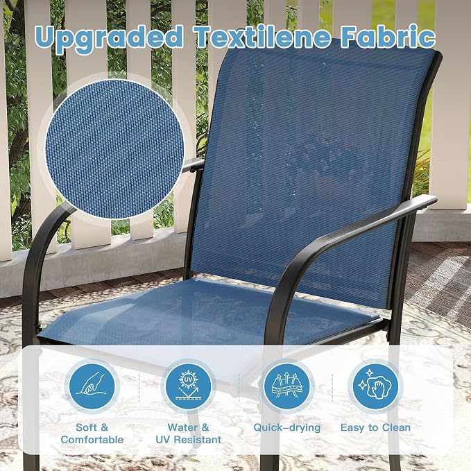 DIFY Patio Dining Set for 6, 7 Piece Outdoor Table and Chairs Set, 50" Black Round Metal Patio Dining Table and 6 Blue Textilene Stackable Patio Chairs, for Backyard Garden Poolside