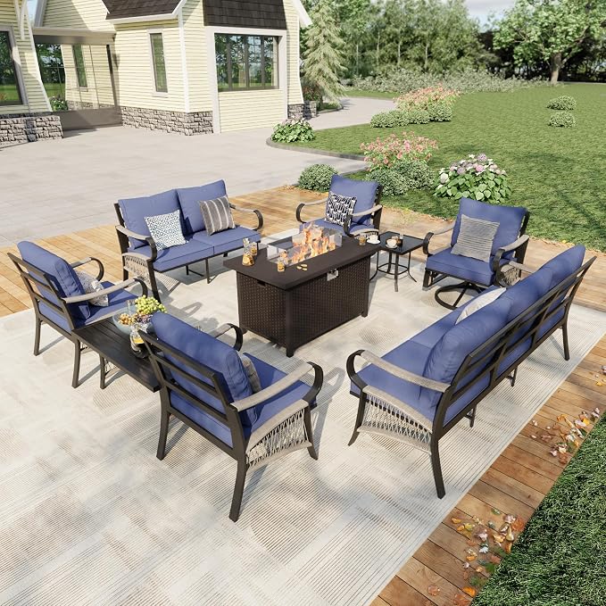 9 Pieces Patio Furniture Set, Metal Outdoor Conversation Sets with Fire Pit Table and Swivel Chairs for Backyard Garden Deck Porch Poolside (Thick Blue Cushions)
