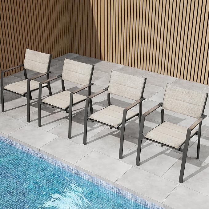Outdoor Patio Dining Chairs Set of 4, Light Weight Aluminum Frame with Textilene Fabric & Wood-Like Armrest, 275 LBS Capacity, Outdoor Stackable Chairs for Poolside Lawn Garden, Grey Armrest