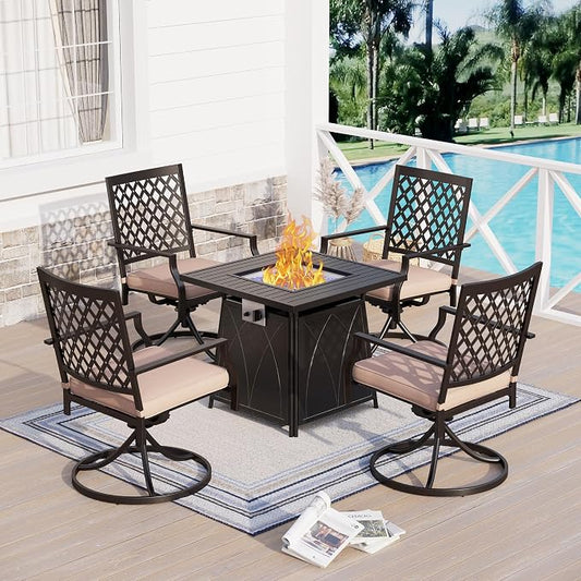Sophia & William 5 Pieces Patio Dining Set with Gas Fire Pit Table Outdoor Patio Furniture 28" Propane Fire Pit Table 50,000 BTU Auto-Ignition, 4 Patio Swivel Chairs for Lawn Garden Yard Black
