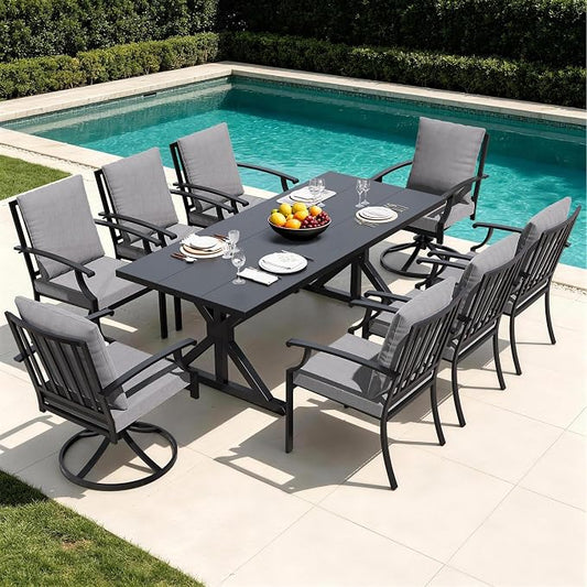 Kullavik 9 Pieces Outdoor Dining Set,Patio Dining Table and Chairs Set for 8,Fence Pattern Back Chairs with Thickened Cushions & X-Frame Metal Dining Table with Umbrella Hole for Patio,Grey