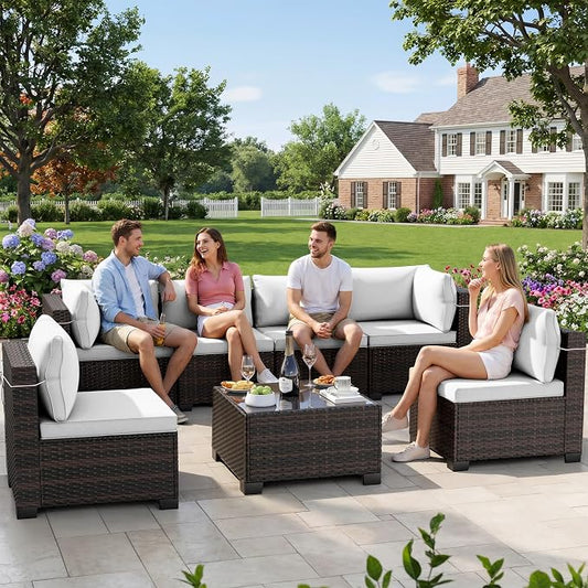 LEVELEVE 7-Piece Outdoor Patio Furniture Sets, Manual Weaving Rattan Conversation Sectional Sofa with Tempered Glass Coffee Table, All-Weather PE Wicker & Thick Cushions for Garden, Backyard, Porch