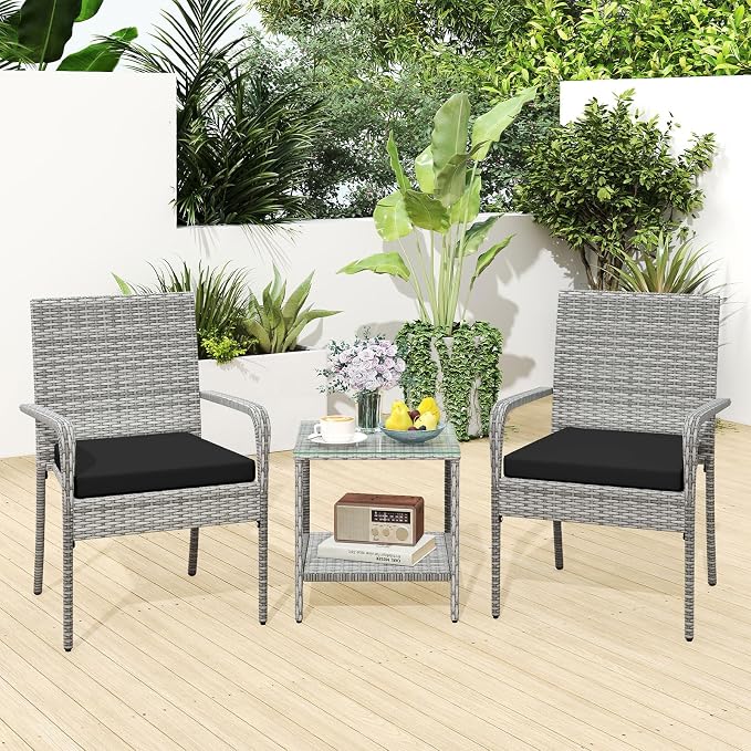 Tangkula 3 Pieces Patio Furniture Set, PE Rattan Outdoor Cushioned Conversation Chairs with 2-Tier Tempered Glass Tabletop Table, for Balcony, Garden and Poolside
