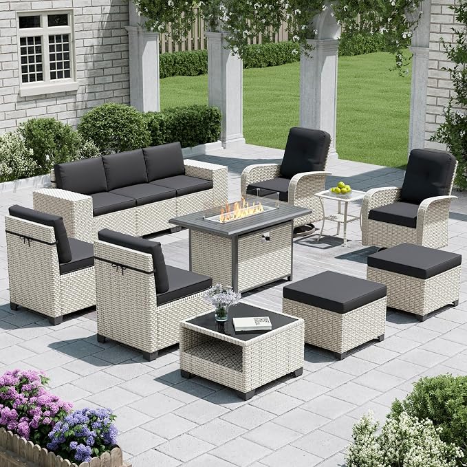 12-Piece Outdoor Patio Furniture Set with Fire Pit, Modular Sectional Sofa Set with Swivel Rocker Chairs & Ottomans, Wicker Outdoor Couch Conversation Sets w/Coffee Table and Cushions, Black