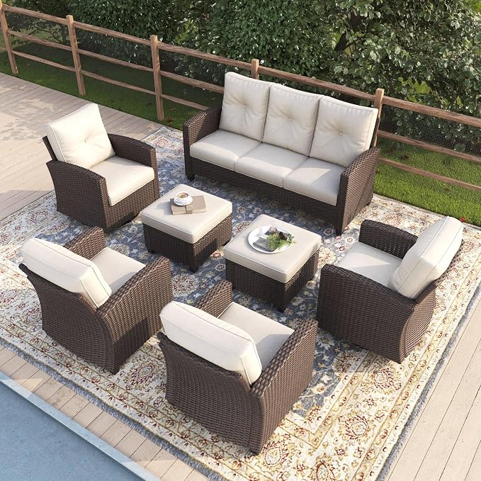 7 Pieces Patio Furniture Swivel Chairs Set, Outdoor Wicker Glider Rocking Chairs with Sofa Set