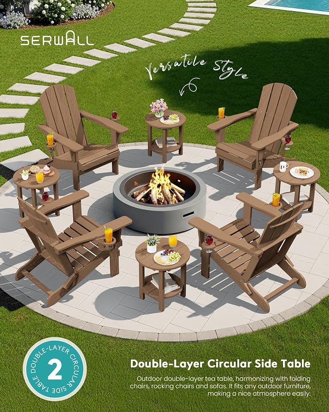 SERWALL Round Adirondack Side Table, 16.5" Double Outdoor Side Table, HDPE Small End Tables for Backyard Pool Porch Garden Lawn, Brown